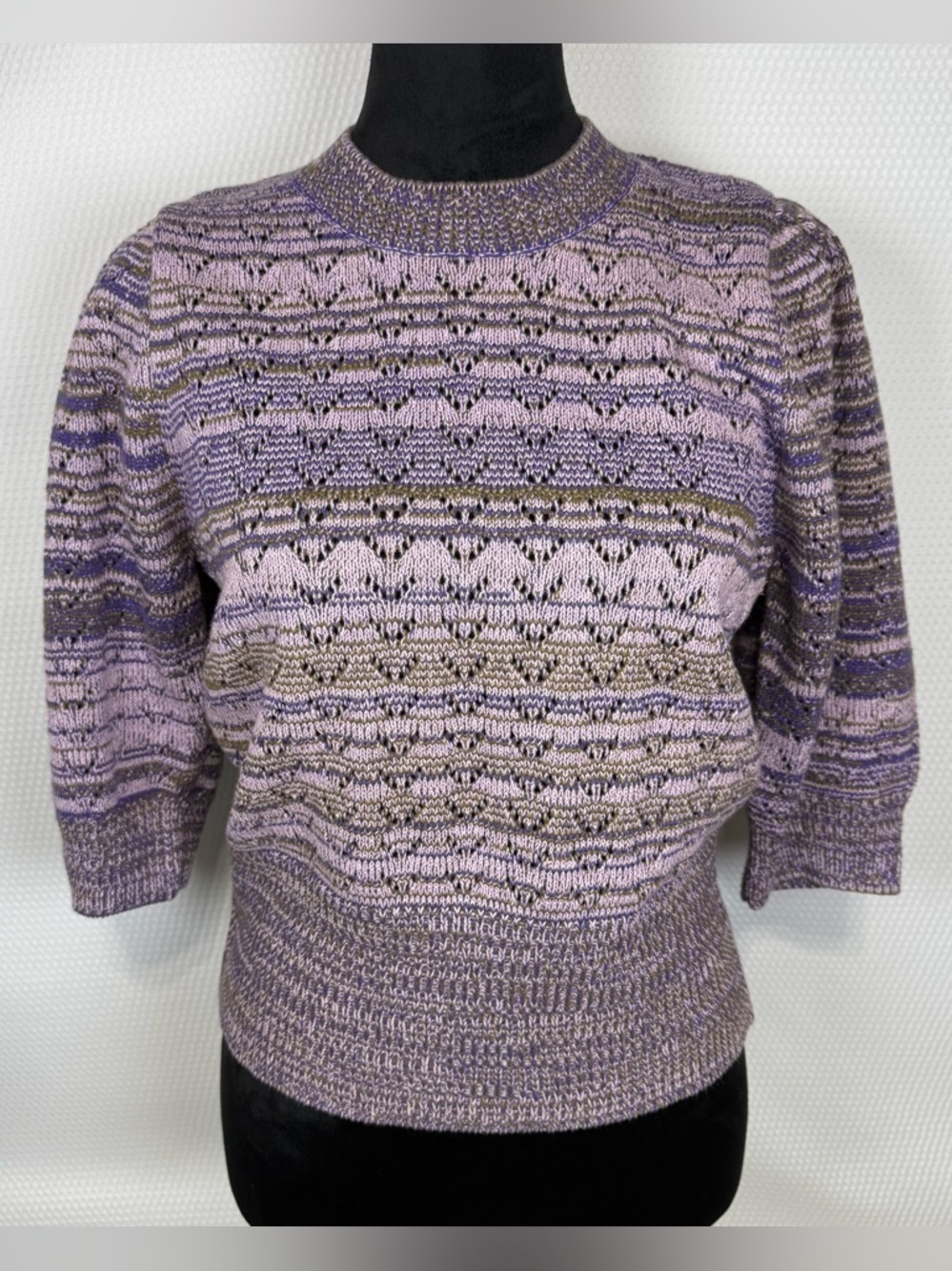 La Joie Women's Crochet Knit Lantern Half Sleeve Sweater Size Medium Purple